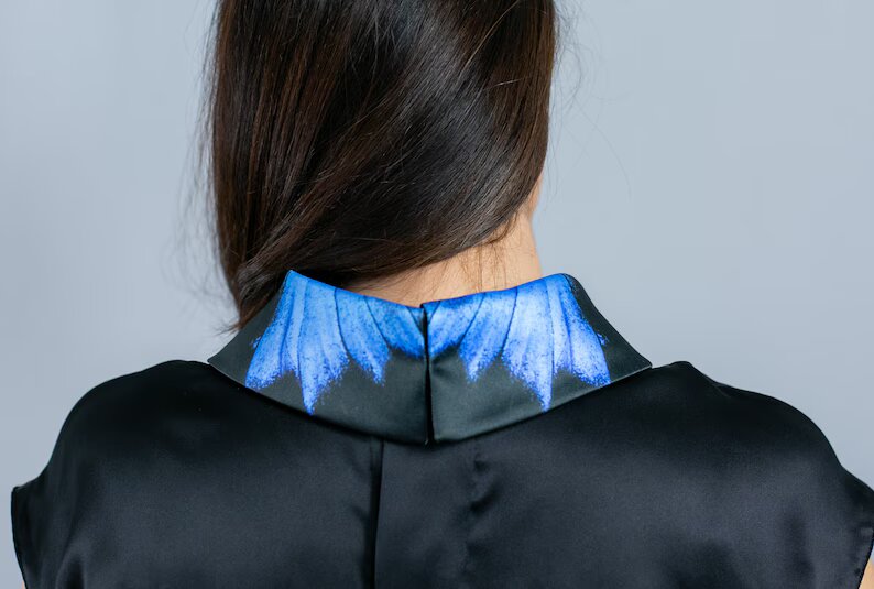 Blue morpho butterfly, silk blouse, day collar, ulysses, butterfly wings, detachable collar, butterfly, button back blouse, satin blouse