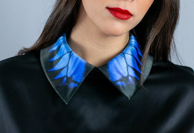 Blue morpho butterfly, silk blouse, day collar, ulysses, butterfly wings, detachable collar, butterfly, button back blouse, satin blouse