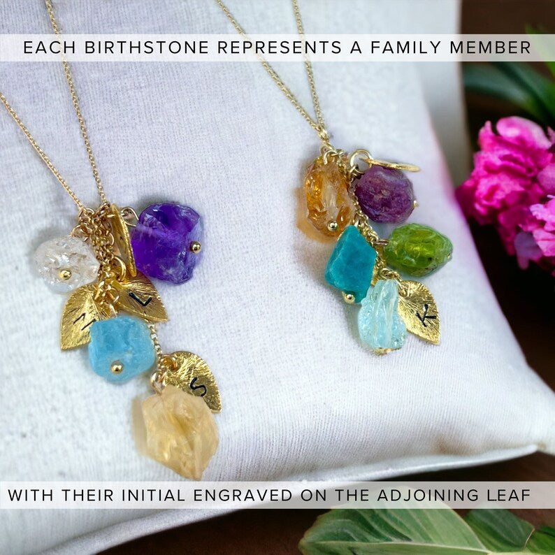 Custom Raw Birthstone Necklace, Gold Charm Necklaces, Mother of 3, Natural Kids Birthstone Family Necklace, Boho Birthstone Necklace, Unique