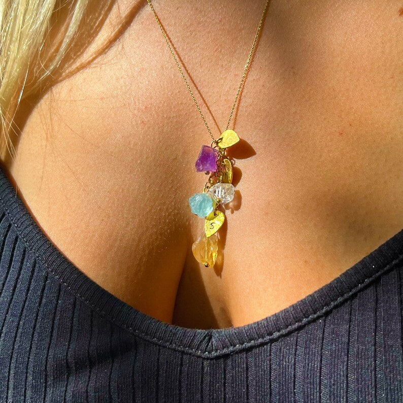 Custom Raw Birthstone Necklace, Gold Charm Necklaces, Mother of 3, Natural Kids Birthstone Family Necklace, Boho Birthstone Necklace, Unique