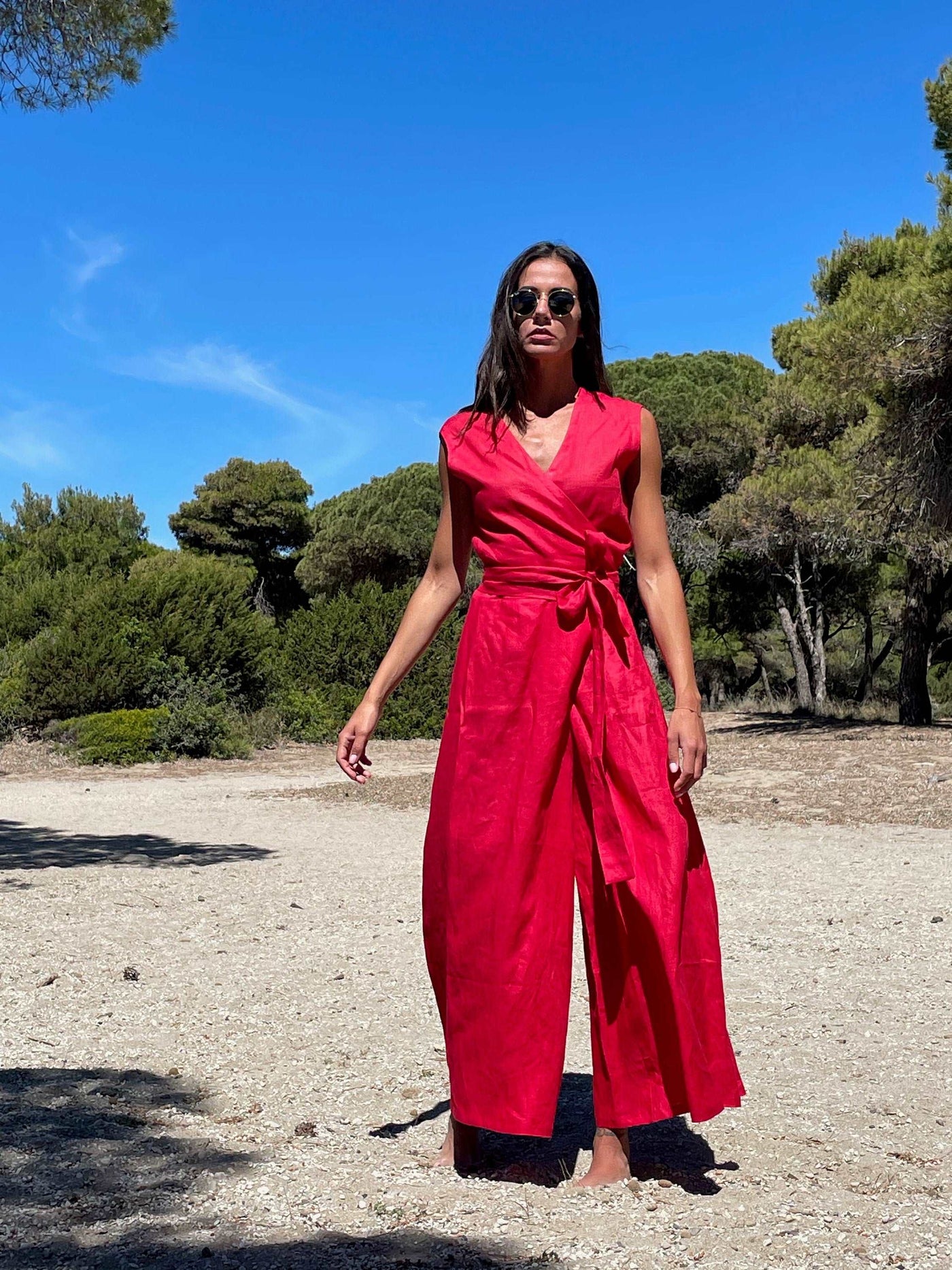 Wide Leg Linen Jumpsuit in Vibrant Red, Wrap Linen Jumpsuit, Linen Jumpsuit for Women , Linen Romper, Linen Jumpsuit Dress, Red linen romper