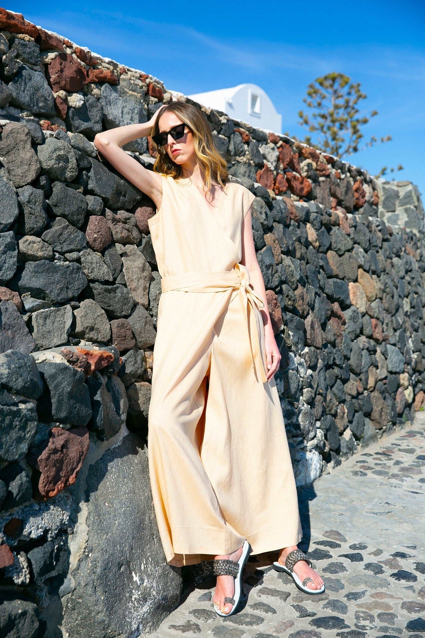 Beige Wide Leg Linen Jumpsuit, Wrap Linen Jumpsuit, Linen Jumpsuit for Women , Linen Romper, linen Jumpsuit Dress, Safari look