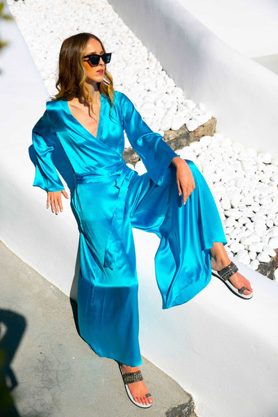 Turquoise Wide Leg Silk Jumpsuit, Wrap Silk Jumpsuit, Silk Jumpsuit for Women , Silk Romper, Silk Jumpsuit Dress, Turquoise silk romper