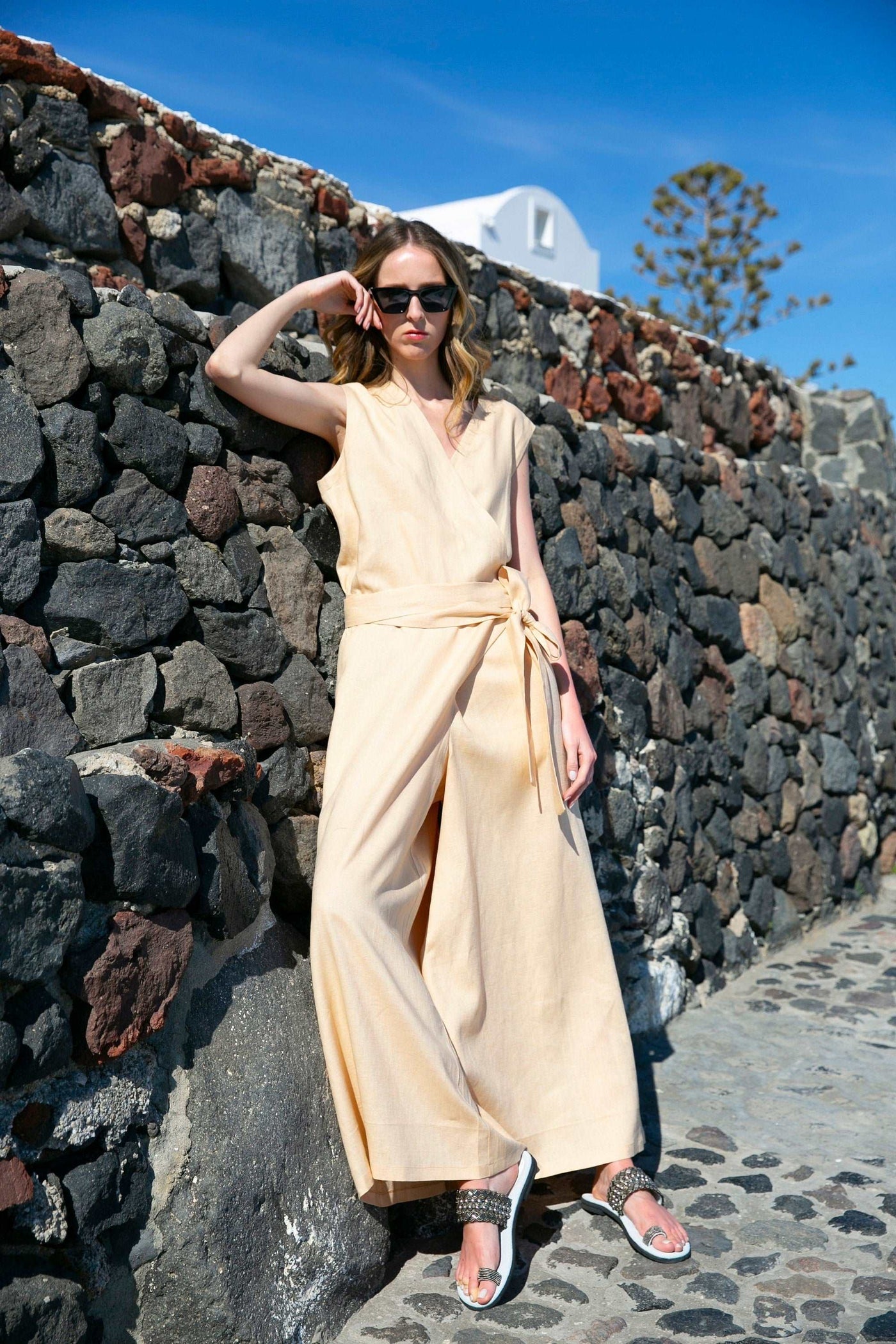 Beige Wide Leg Linen Jumpsuit, Wrap Linen Jumpsuit, Linen Jumpsuit for Women , Linen Romper, linen Jumpsuit Dress, Safari look