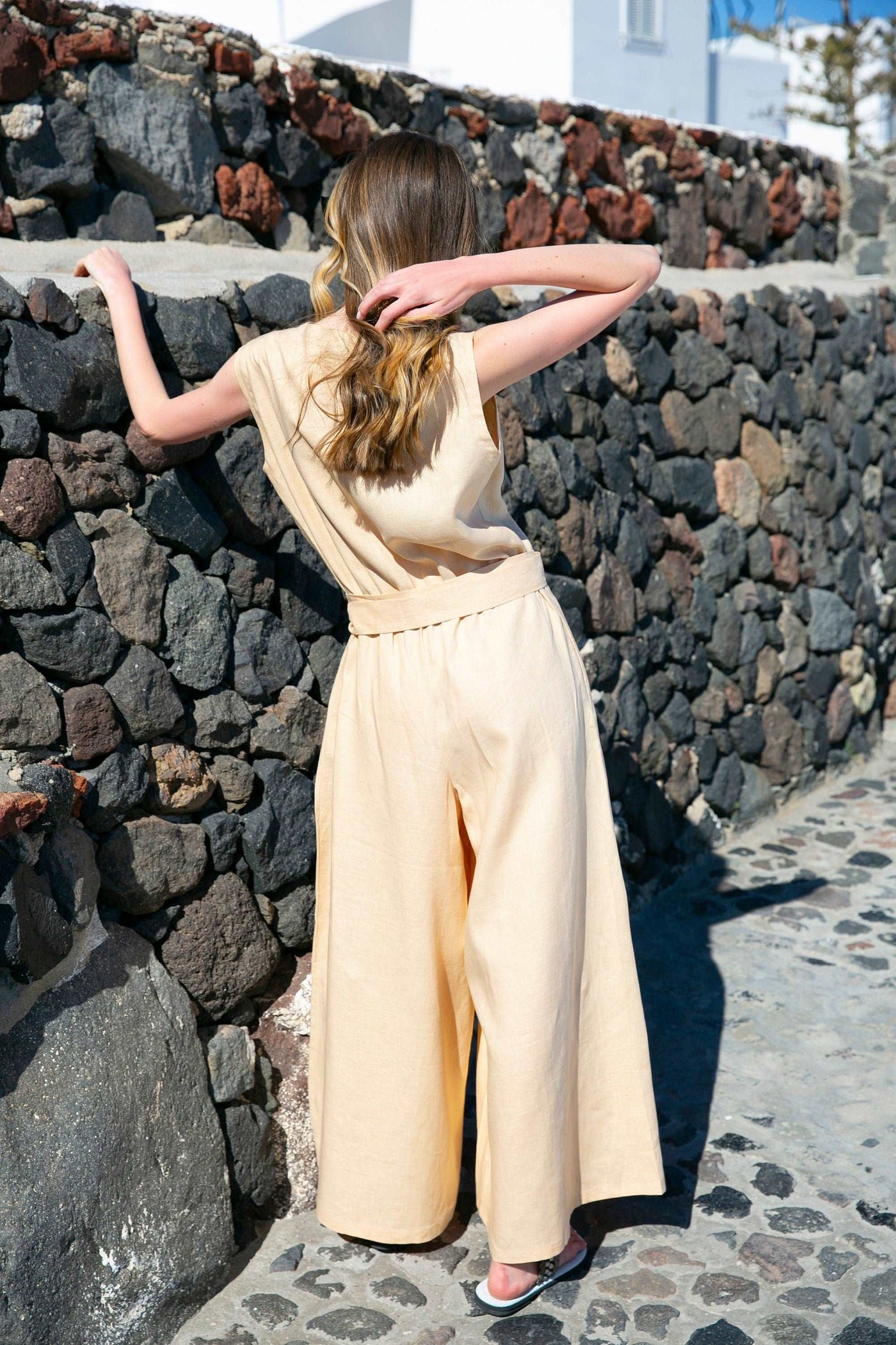 Beige Wide Leg Linen Jumpsuit, Wrap Linen Jumpsuit, Linen Jumpsuit for Women , Linen Romper, linen Jumpsuit Dress, Safari look