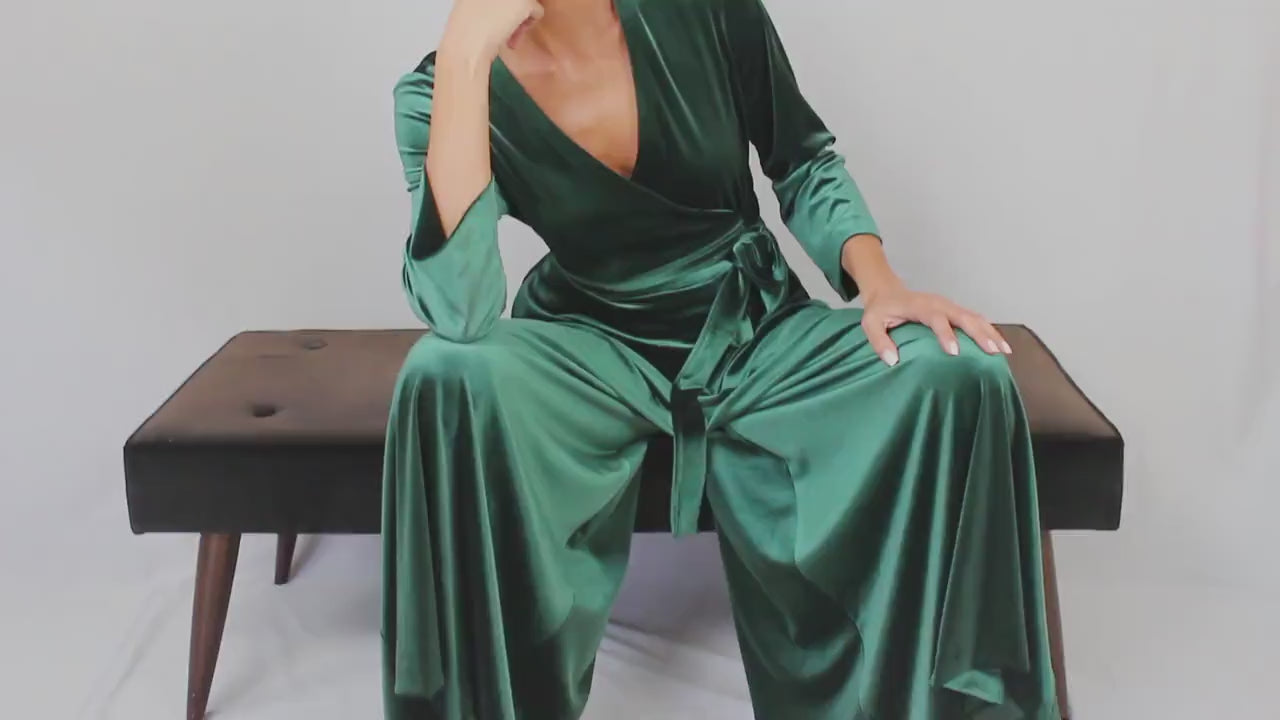 Velvet Dressing Gown in Emerald Green- Velvet Jumpsuit-Jumpsuit Women-Sexy Jumpsuit-Loungewear-Dressing Gown Women-Lounge Set-Hollywood Robe