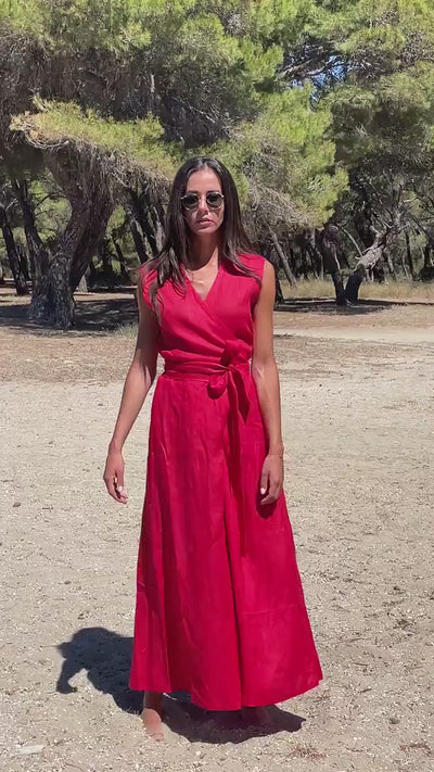 Wide Leg Linen Jumpsuit in Vibrant Red, Wrap Linen Jumpsuit, Linen Jumpsuit for Women , Linen Romper, Linen Jumpsuit Dress, Red linen romper